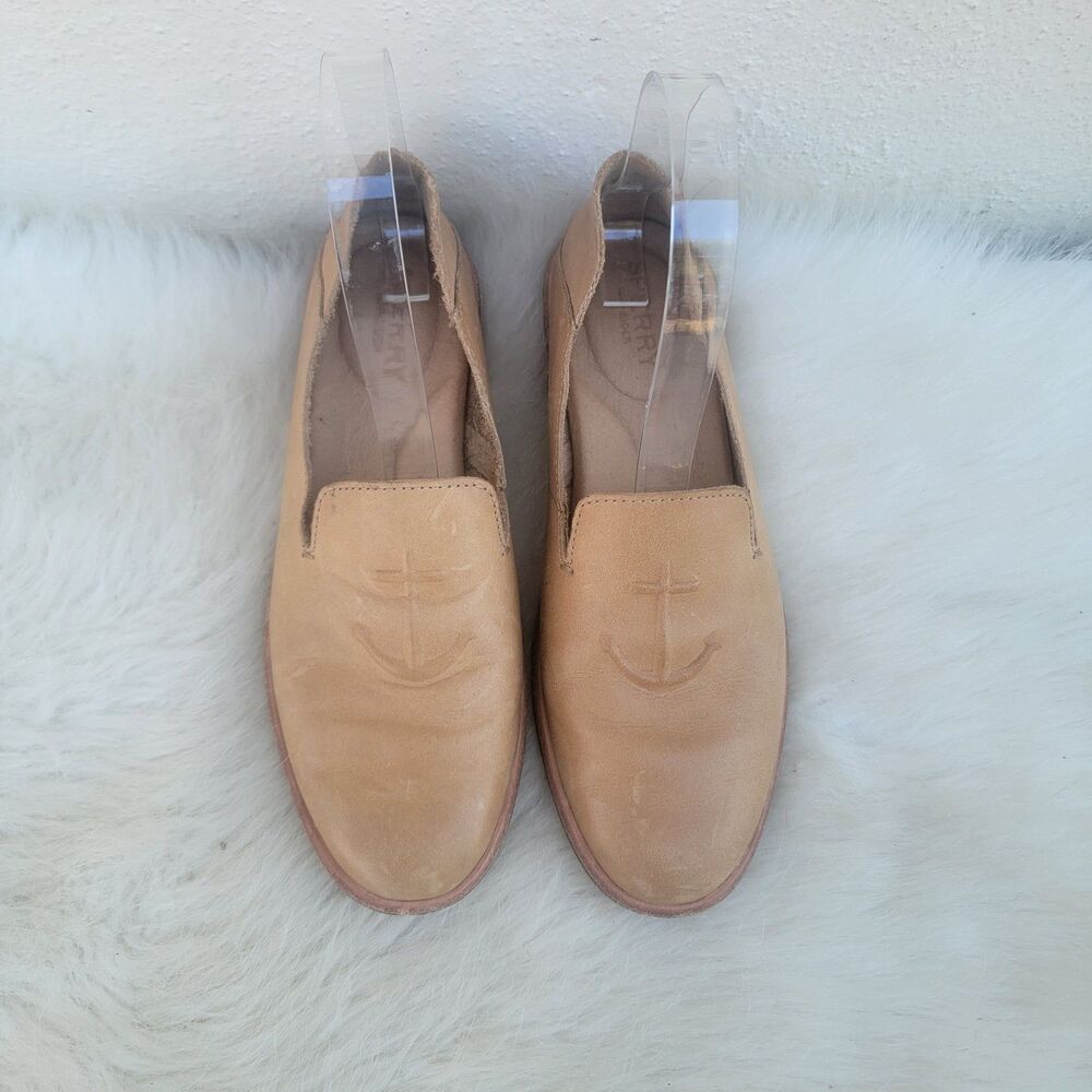 Wmns Sperry Seaport Levy Anchor Tan Leather Loafer Sz 6 Preppy Nautical Academia - Picture 2 of 7